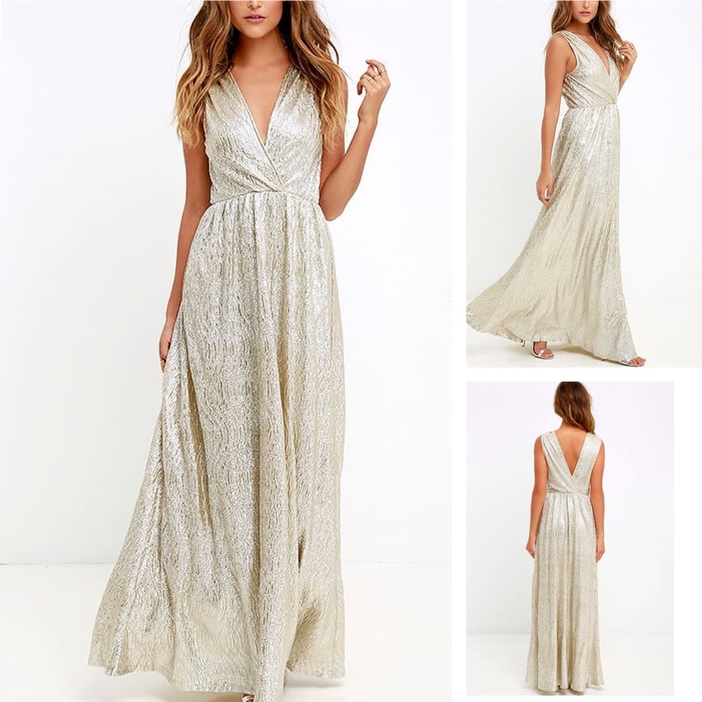 Lulu's Metallic Silver Gold Maxi Dress